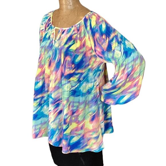 Spense Flowy Watercolor Swirls Tunic Top Bell Sleeve Keyhole Neck XL 288G - Picture 4 of 7